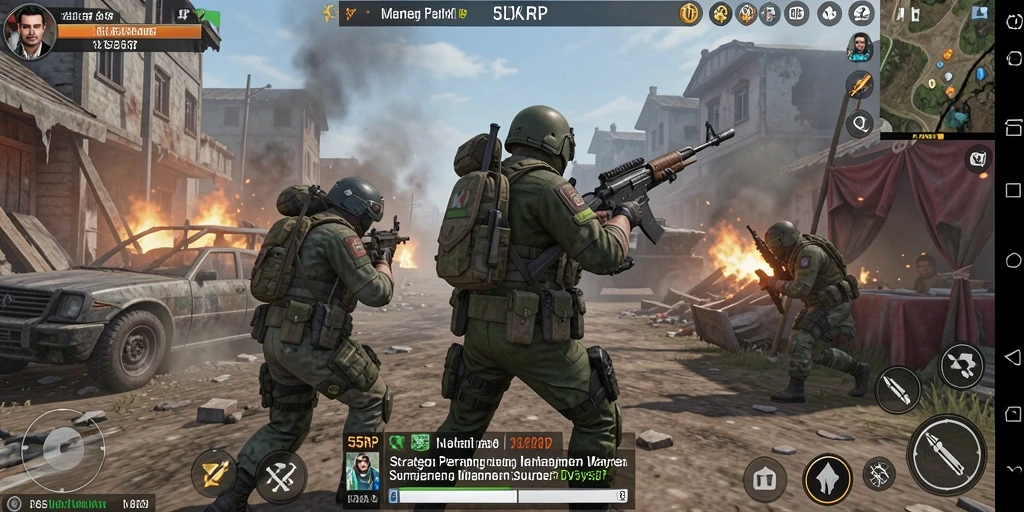 Screenshot gameplay 55RP dengan elemen strategi dan pertempuran.