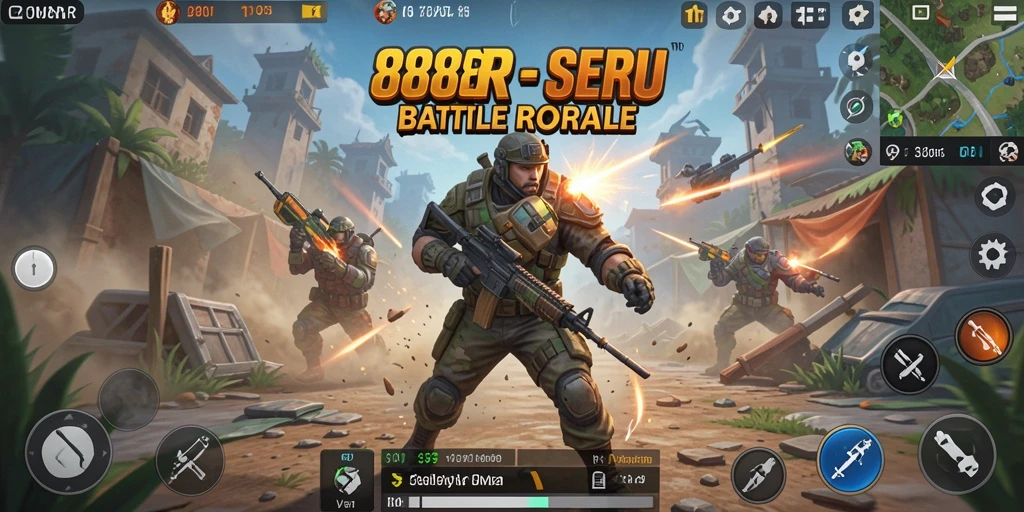 Screenshot gameplay 888R menampilkan aksi seru dalam pertempuran Battle Royale.