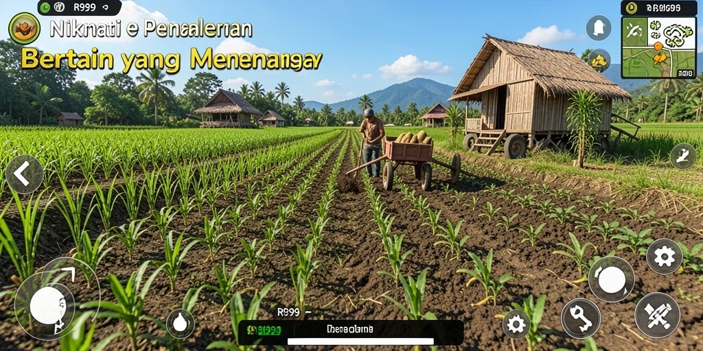 Screenshot gameplay RR999 menampilkan pertanian yang subur dan interaksi dengan hewan.
